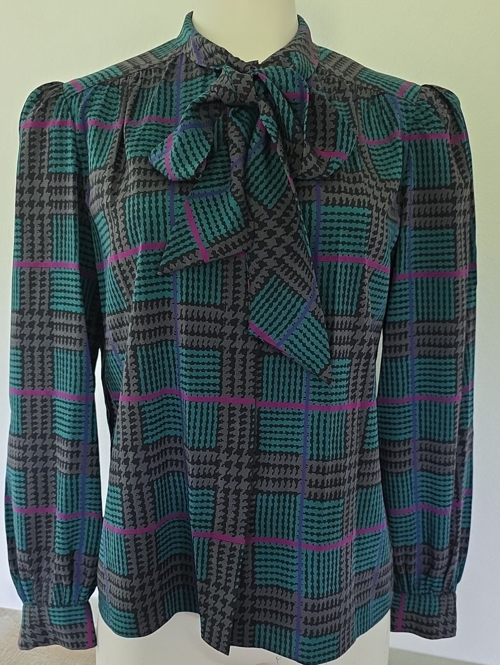 Vtg. Sassoon Tie-Neck Plaid Blouse